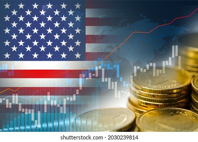 Stock market investment trading financial, coin and USA America flag or Forex for analyze profit finance business trend data background. - Shutterstock ID 2030239814