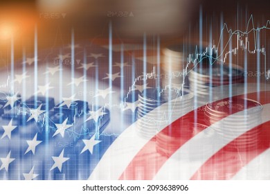 Stock market investment trading financial, coin and USA America flag for analyze finance business trend - Shutterstock ID 2093638906
