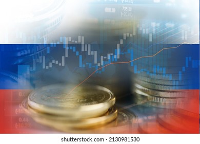 Börseninvestitionshandel Finanz-, Münz- und Russland-Flagge oder Forex zur Analyse der profitfinanzwirtschaftlichen Trends Daten Hintergrund.