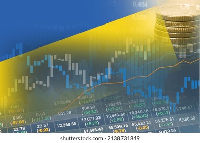 Stock Market Investment Trading Financial, Coin And Ukraine Flag Or Forex For Analyze Profit Finance Business Trend Data Background.