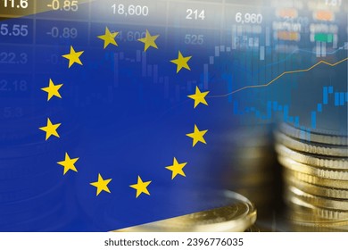 Stock market investment trading financial, coin and EU flag or Forex for analyze profit finance business trend data background. - Powered by Shutterstock