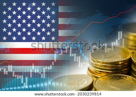 Stock market investment trading financial, coin and USA America flag or Forex for analyze profit finance business trend data background.