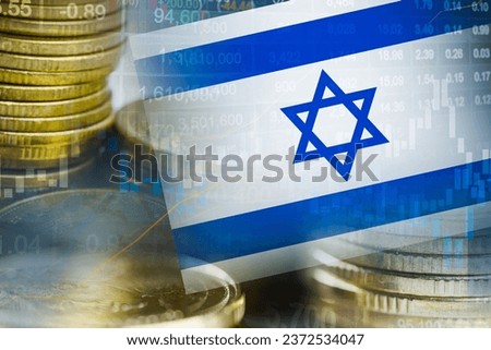 Stock market investment trading financial, coin and Israel flag , finance business trend data background.