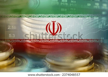 Stock market investment trading financial, coin and Iran flag or Forex for analyze profit finance business trend data background.