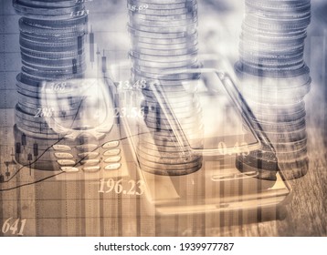 Stock Market And Multiple Cell Phones And Coin Stacks
And Financial Graph.business Strategy As Concept. Abstract Business Background.