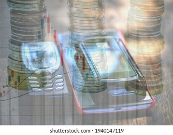 Stock Market And Multiple Cell Phones And Coin Stacks
And Financial Graph.business Strategy As Concept. Abstract Business Background.