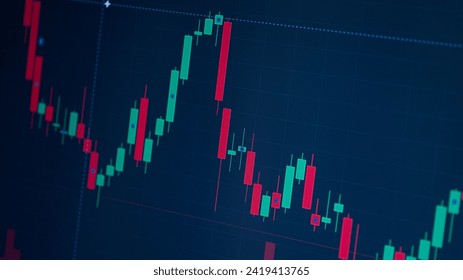 Stock market online trading chart candlestick on cryptocurrency platform. Computer screen close-up background. Stock exchange financial market price candles graph data pattern analysis concept.