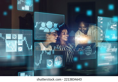 Stock market, overlay and trading team on finance, blockchain and forex digital website working on a strategy. Fintech, smile and happy traders studying global financial chart data analysis at night - Powered by Shutterstock