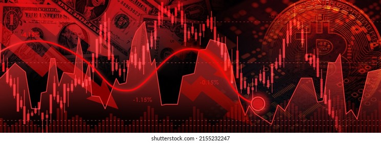 Stock Market Recession and Losses ,downtrend line graph and stock numbers in bear market on dark crypto currency red color background. - Shutterstock ID 2155232247