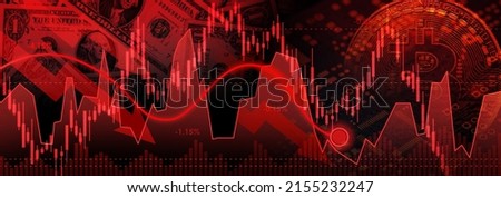 Stock Market Recession and Losses ,downtrend line graph and stock numbers in bear market on dark crypto currency red color background.