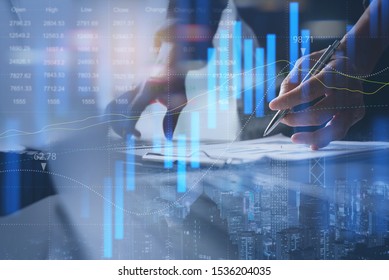Stock market report, business finance technology and investment concept. Abstract finance background, businessman analysing forex trading graph, financial data, market summary, city double exposure