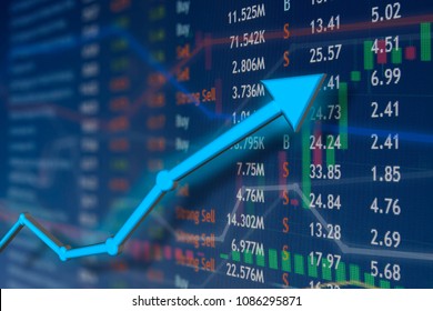 Stock Market Rise With Blue Arrow And Faded Candlestick Charts.  Winning And Success Emotion And Happiness.