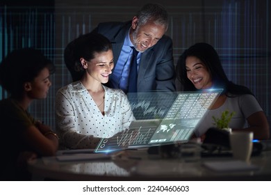 Stock market, tablet or team trading at night for a cryptocurrency or financial investment opportunity. Holographic, team work or happy traders reading analytics for data analysis or forex strategy