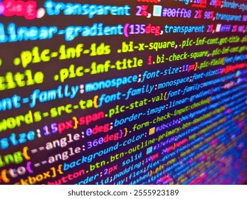 Stock market ticker on monitor screen. Compressed javascript code on computer screen. Pixelated data stream on digital interface with binary code, encryption concept, and glowing dots.