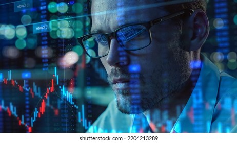 Stock Market Trader Working With Investment Charts, Graphs, Ticker Numbers Projected On Face And Reflecting In Glasses. Financial Analyst, Digital Entrepreneur Doing Social Trading With An App.