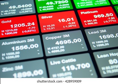 Stock Market Trading Floor Abstract Image. Rates For Metal, Silver, Gold, Aluminium And Other Stock Market Commodities. 