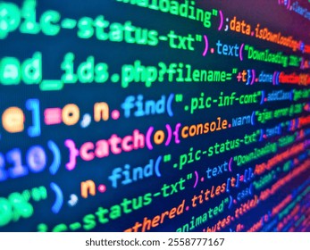 Stock market trading graph and candlestick chart for financial investment concept. Green binary code on computer screen texture background. Structured sql code on monitor. Web dewelopment.