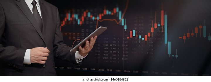 Stock market trading graph, investment candlestick chart. Investor with digital tablet, copy space web banner background