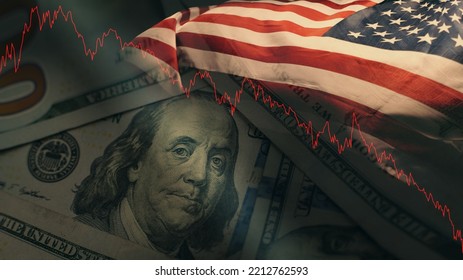 Stock Market Trading Graph In Red Color Economy. Usa Flag Dollar Bill Background. Trading Trends And Economic Development. Effect Of Recession On US Economy. Stock Crash Market Exchange Loss Trading 