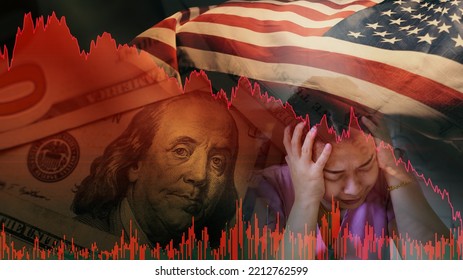 Stock Market Trading Graph Red Color Economy. Unemployed Women Usa Flag Background. Trading Trends And Economic Development. Effect Of Recession US Economy. Stock Crash Market Exchange Loss Trading  