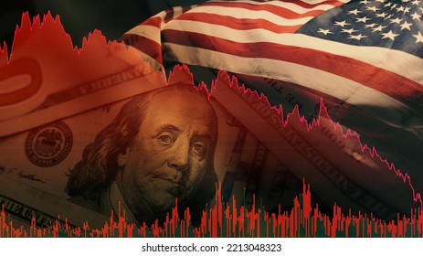 Stock market trading graph in red color economy. usa flag dollar bill background. Trading trends and economic development. Effect of recession on US economy. Stock crash market exchange loss trading  - Shutterstock ID 2213048323