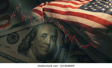 Stock market trading graph in red color economy. usa flag dollar bill background. Trading trends and economic development. Effect of recession on US economy. Stock crash market exchange loss trading  - Shutterstock ID 2213048409
