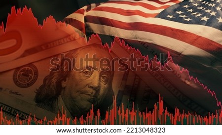 Stock market trading graph in red color economy. usa flag dollar bill background. Trading trends and economic development. Effect of recession on US economy. Stock crash market exchange loss trading 