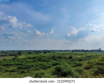 Stock Photo Of Beautiful Farmland Fully Grown Crops And Plants, Surrounded By Green Tree. Electric Pole Installed In The Middle Of The Land, Blue Sky And White Clouds No Background, At Gulbarga,India