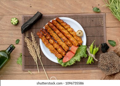 Stock Photo Chicken Mutton Beef Kebab On Plate Top View