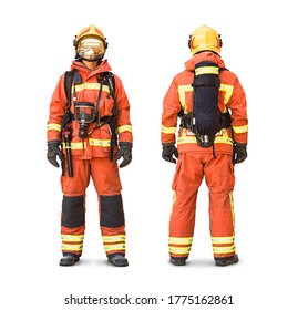 Stock photo of an isolated firefighter showing full gear and clothing in a front and rear view - Powered by Shutterstock