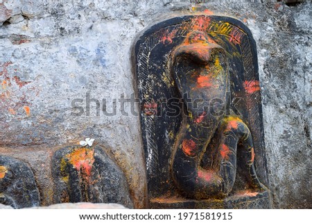 Stock photo of old snake temple in Mailar Karnataka India. Stone idol carved in blacks tone, turmeric powder and vermillion and flower offering on snake idol for worshiping . blur background.