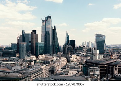 Stock photo taken of the London cityscape from the top of a building to the skyscrapers of the financial district