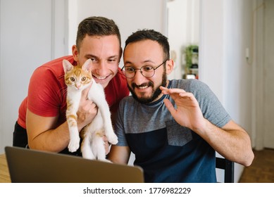 Stock Photo Of Two Caucasian Adult Men Holding An Orange And White Tabby Cat While Laughing In Front Of The Laptop.