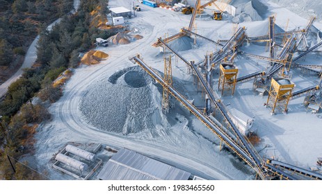 Stock Pile And Conveyors Sorting Gravel At Stone Quarry, Aerial View