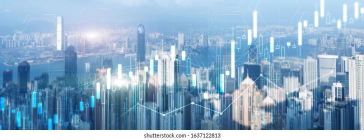 Stock Trading, Investment, Candle Stock Market Chart Diagram Website Header Banner City View Skyline.