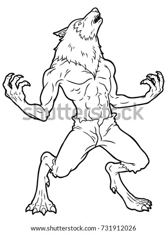 Cartoon Werewolf Howling Line Art. 