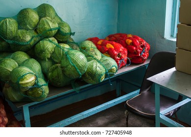 A Stock Of Vegetables In The School Cafeteria. Kitchen Interior. Vegetable Department.
