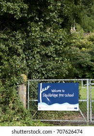 Stockbridge, Hampshire England - June 19, 2017: Welcome To Stockbridge Pre School Banner Mounted On Gate To Playing Field