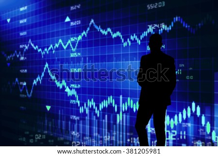 stockbroker black silhouette against the blue screen with quotes