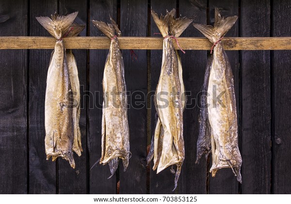 
Stockfish is unsalted fish, especially cod, dried by cold air and
wind on wooden racks, seen on the Faroe
Islands.