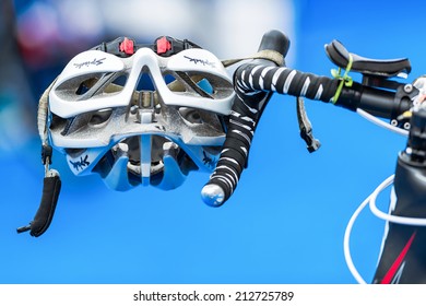 STOCKHOLM - AUG, 23: Closeup Of Helmet And Triathlon Bike Gear In The Transition Zone At The Mens ITU World Triathlon Series Event Aug 23, 2014 In Stockholm, Sweden