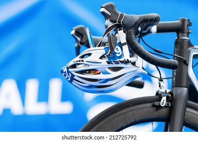 STOCKHOLM - AUG, 23: Closeup Of Helmet And Triathlon Bike Gear In The Transition Zone At The Mens ITU World Triathlon Series Event Aug 23, 2014 In Stockholm, Sweden