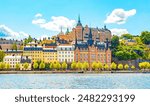 Stockholm city skyline, Mariaberget area, Sweden travel photo. Beautiful Swedish architecture, waterfront Södermalm district.