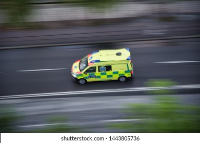 Stockholm, Stockholm Län/Sweden - Jun 26 2019: Ambulance Driving Fast After Emergency Call 112 / 911.