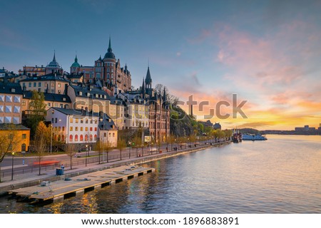 Stockholm old town city skyline, cityscape of Sweden at sunset
