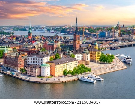 Stockholm old town (Gamla Stan) panorama from City Hall top at sunset, Sweden