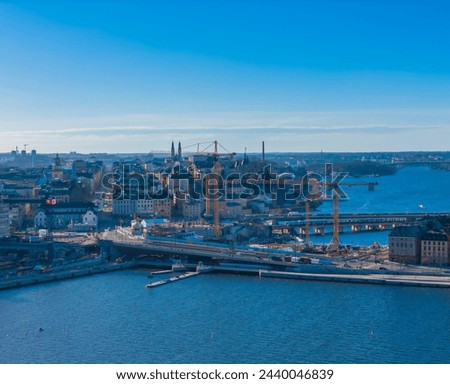 Stockholm old town - metro construction site. Aerial view of Sweden capital. Drone top panorama photo