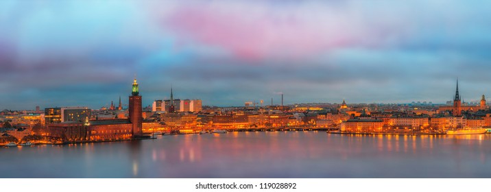 Stockholm Panorama With The City Hall Just Before Sunrise - Venue For The Nobel Prize Ceremony