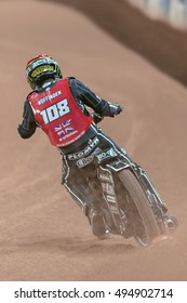 STOCKHOLM - SEPT 24, 2016: Back Of Tai Woffinden (GBR) At Stockholm FIM Speedway Grand Prix At Friends Arena In Stockholm.