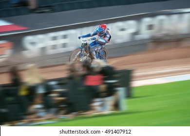 STOCKHOLM - SEPT 24, 2016: Bartosz Zmarzlik (POL) After The Last Curve At Stockholm FIM Speedway Grand Prix At Friends Arena In Stockholm.